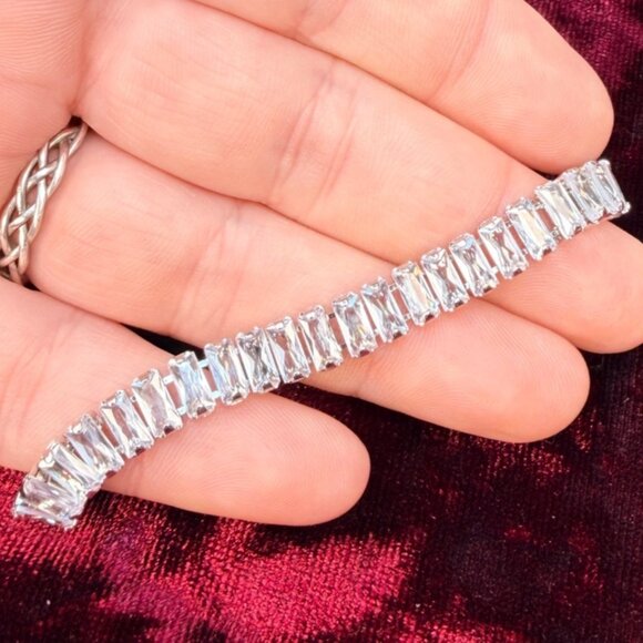 Slider Tennis Bracelet Sterling Overlay Made with Swarovski Baguette Crystals - Picture 15 of 16